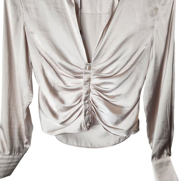 ASTR The Label Collared Satin Ruched Long Sleeve Top Blouse Champagne Size XS - Picture 2 of 5